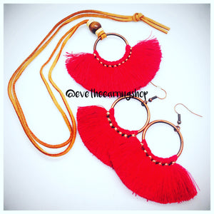 "VIVIANA" Tassel Earring and Leather Cord Tassel Necklace Set (Various Colors)