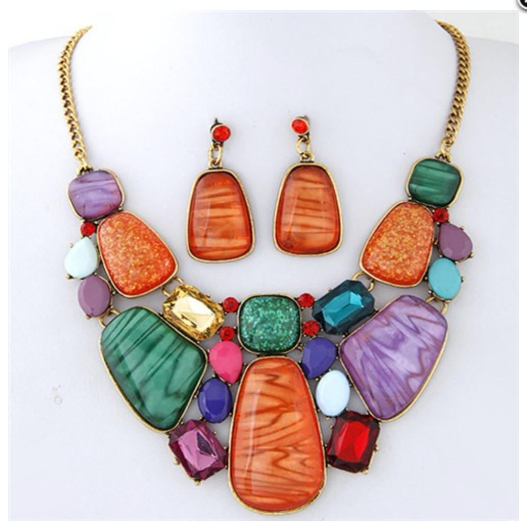 Luxurious Assorted Gems Fashion Necklace and Earring Set