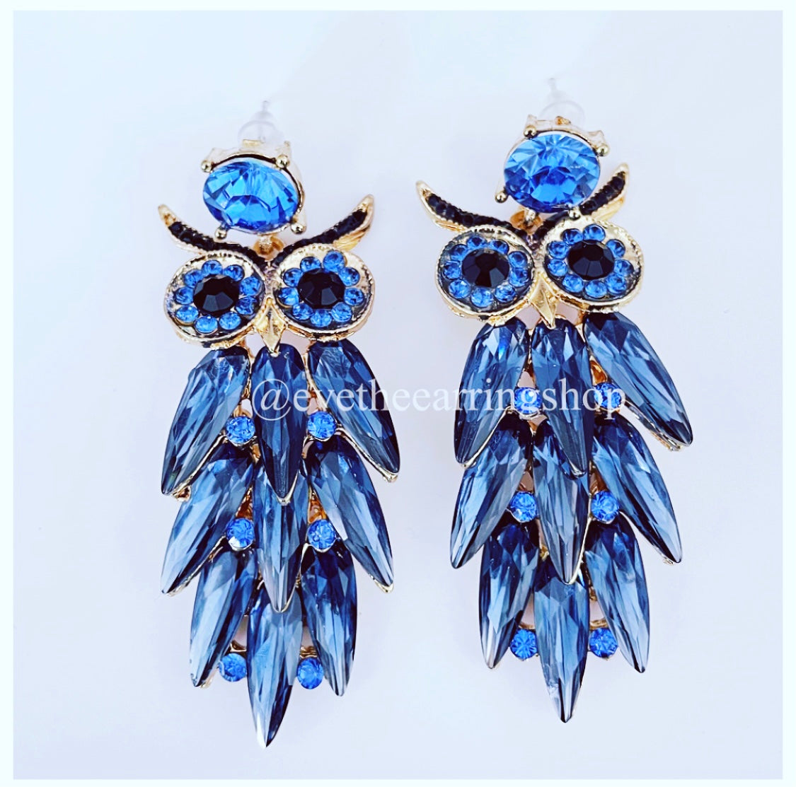 Stunning Wise Night Owl Ink Blue Rhinestone Earrings