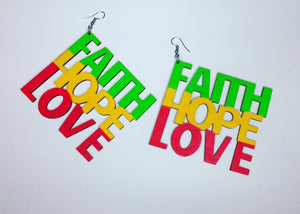 FAITH LOVE HOPE Boucles d’oreilles pendantes en bois (peintes à la main)