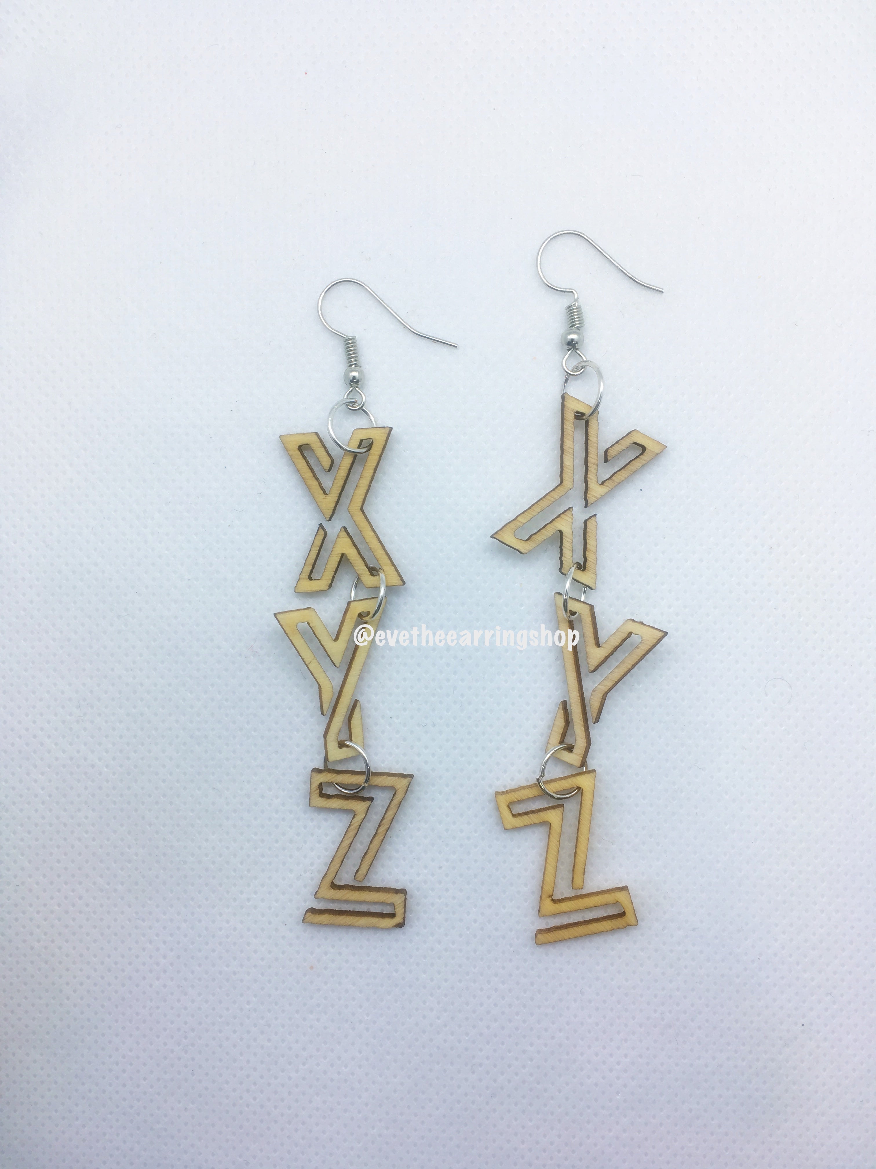 "XYZ" Wooden Dangle Earrings (Handmade)